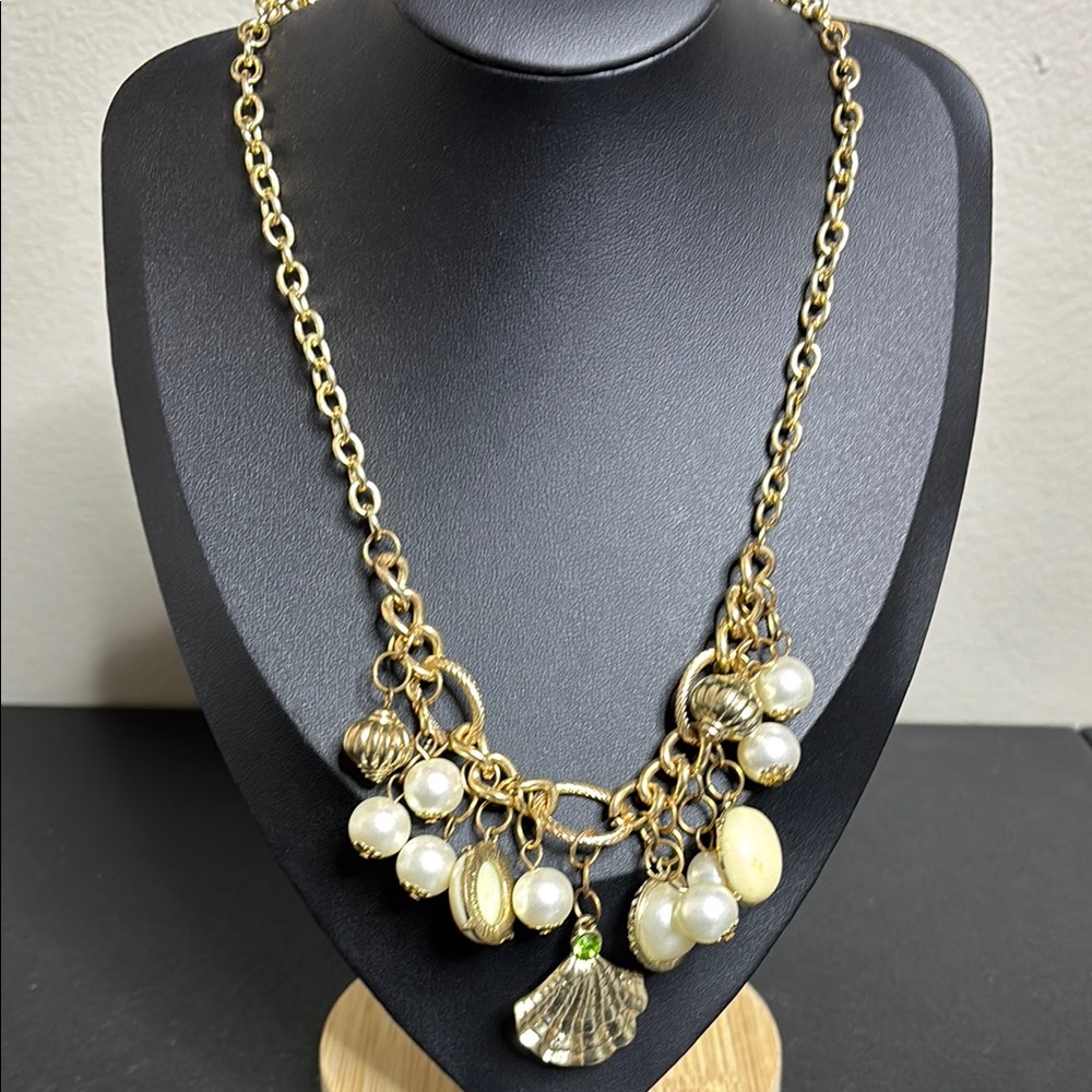 Topitoff Dangle Sea Shell Cabochon Faux Pearl Charm Nautical Beachy Necklace